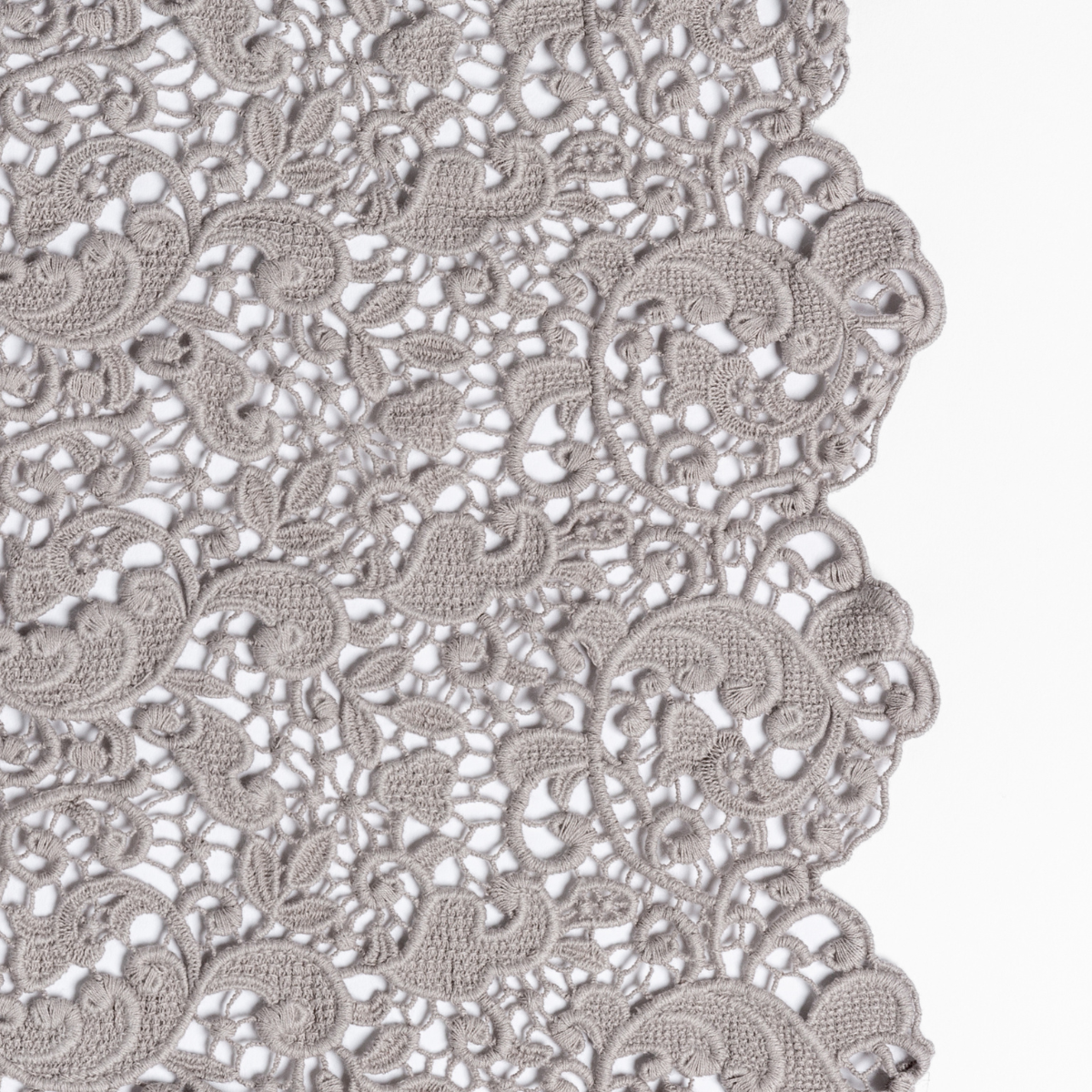 Fog: a close-up of cotton all-over lace with a scalloped edge.