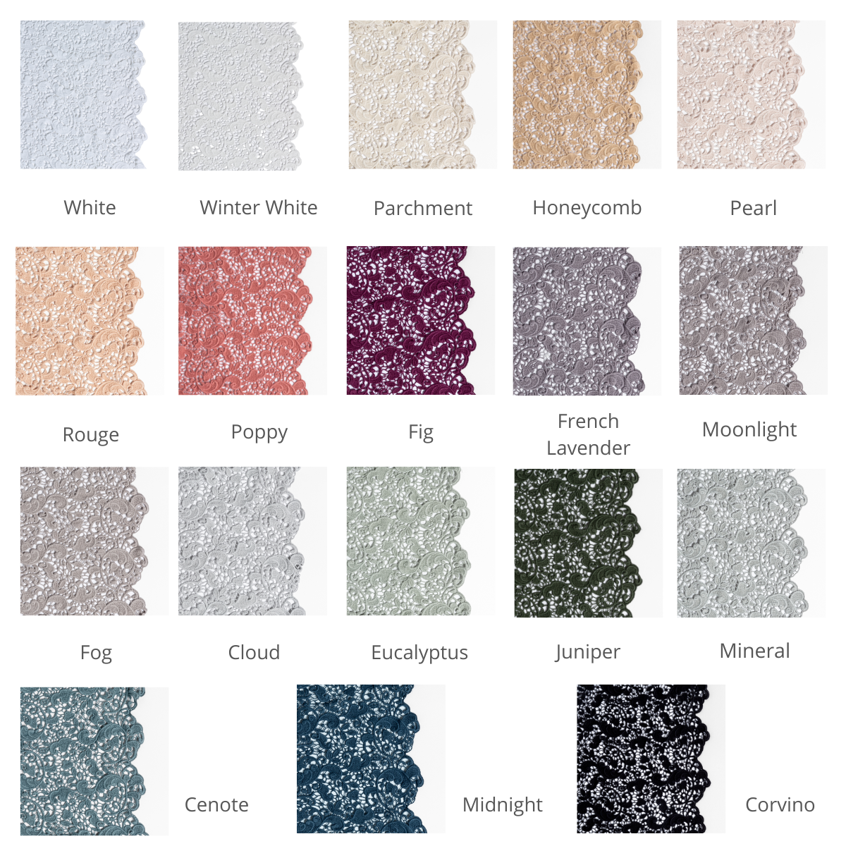 : a grid of cotton lace in the current colorway palette.