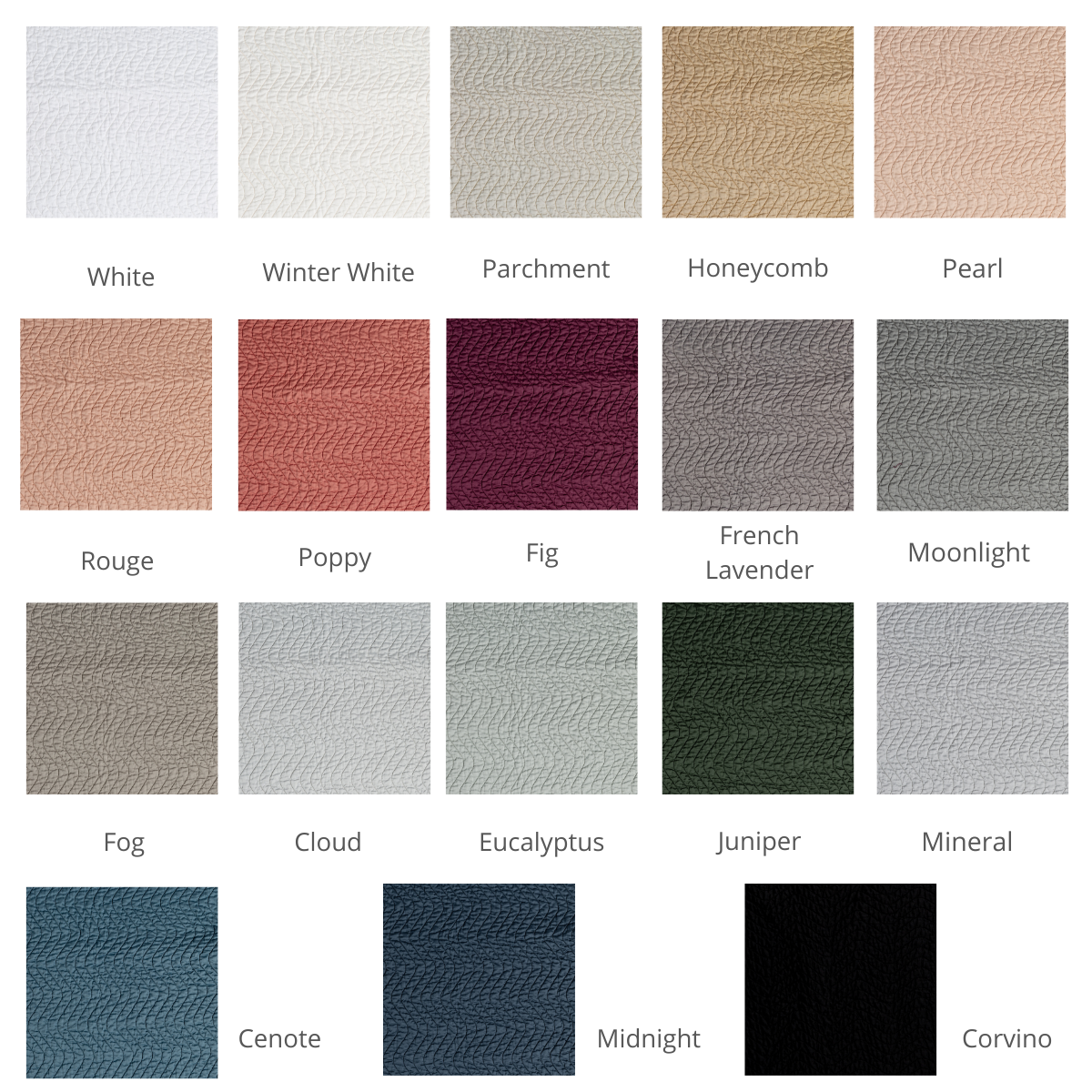 : a grid of quilted cotton sateen in available colorways.