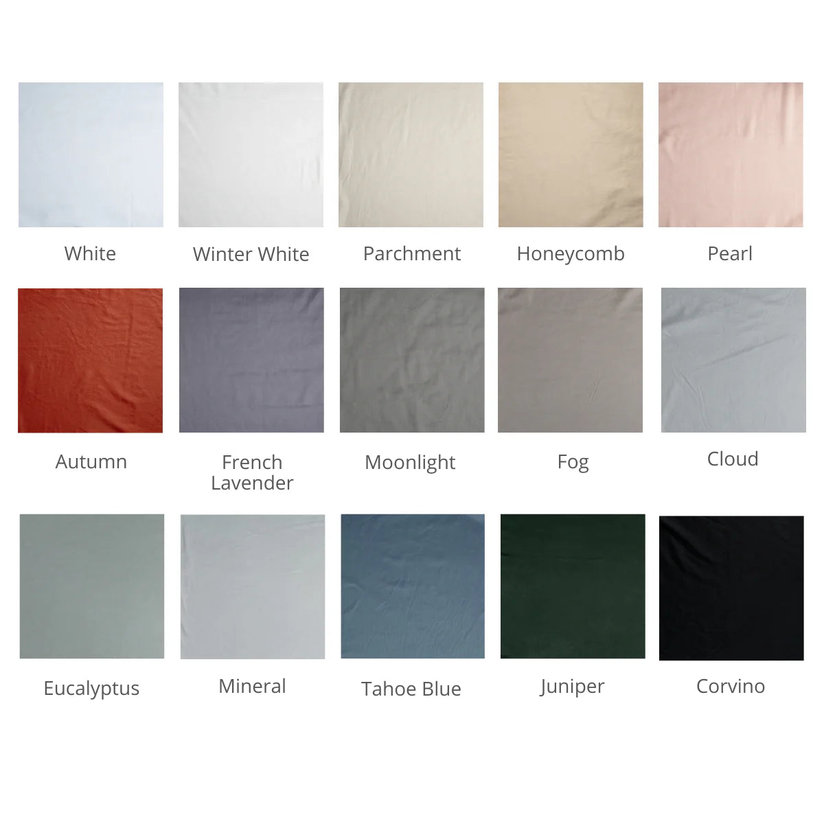 : A close up of Tencel™ fabric, shown in our Fall 2024 colorways, in a grid format to demonstrate our palette.