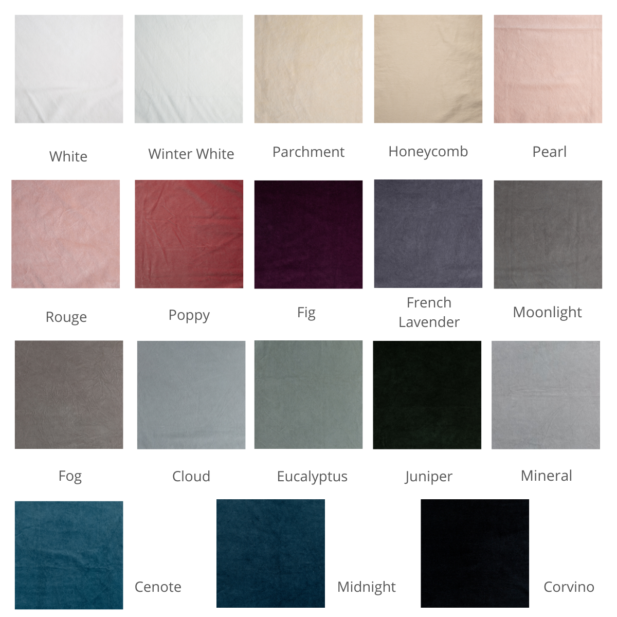 : a grid of cotton velvet in available colorways.