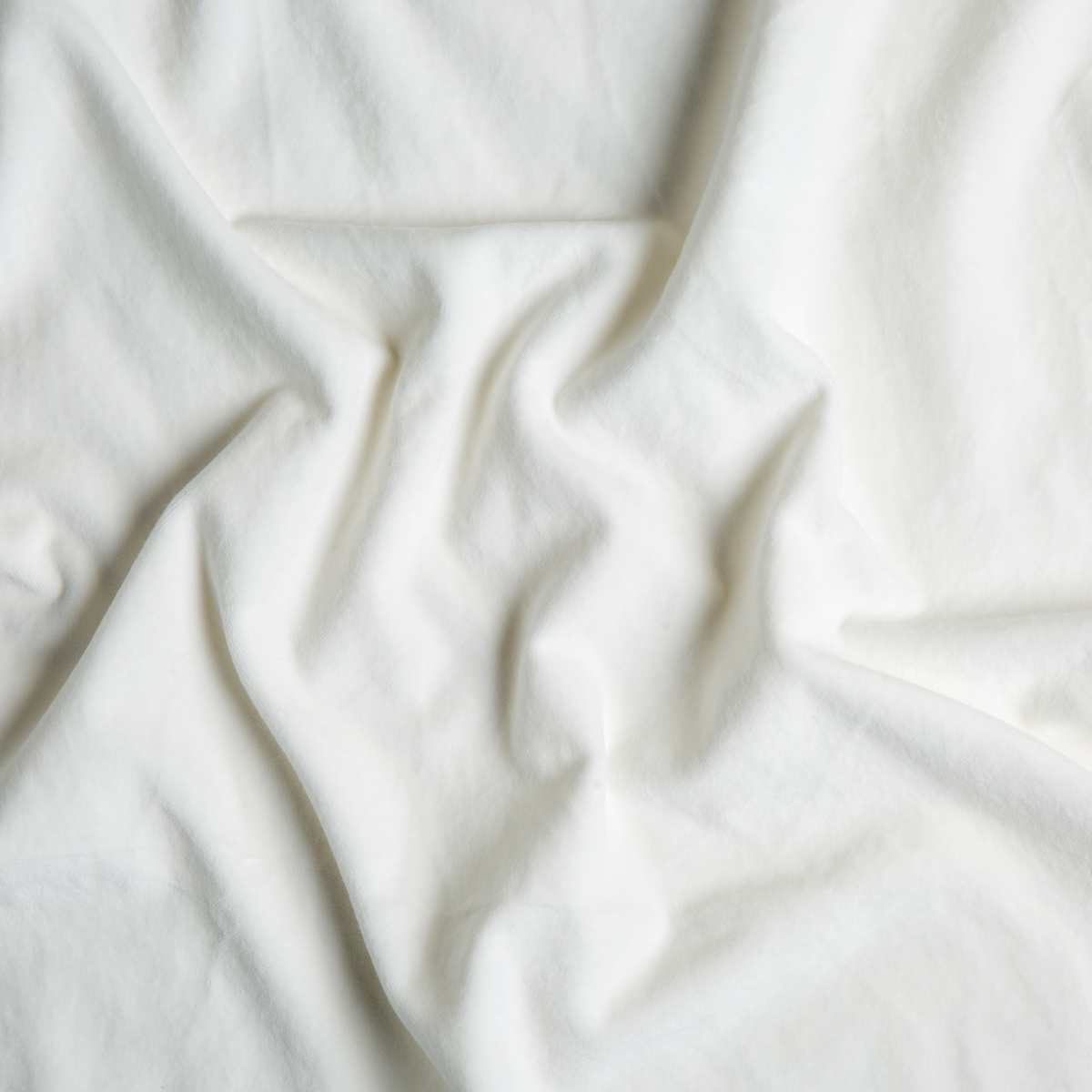 Winter White: A close up of cotton velvet fabric in winter white, softer and warmer in tone than classic white.