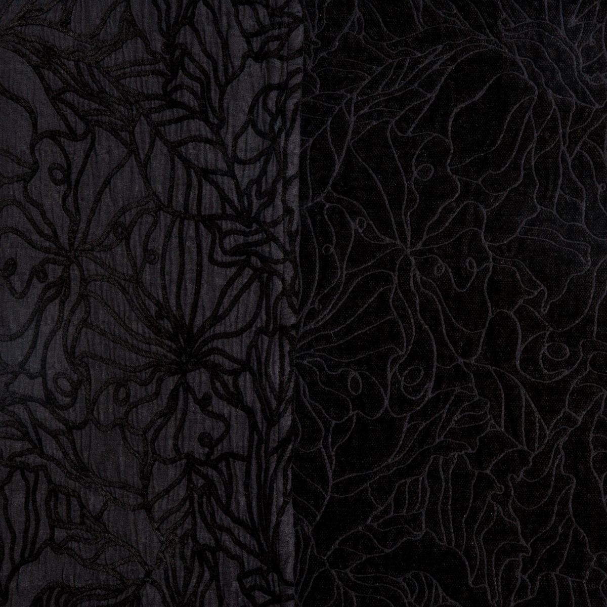Corvino: georgia fabric shown with the cotton jacquard side on the left and chenille jacquard side on the right in corvino, a black tone.