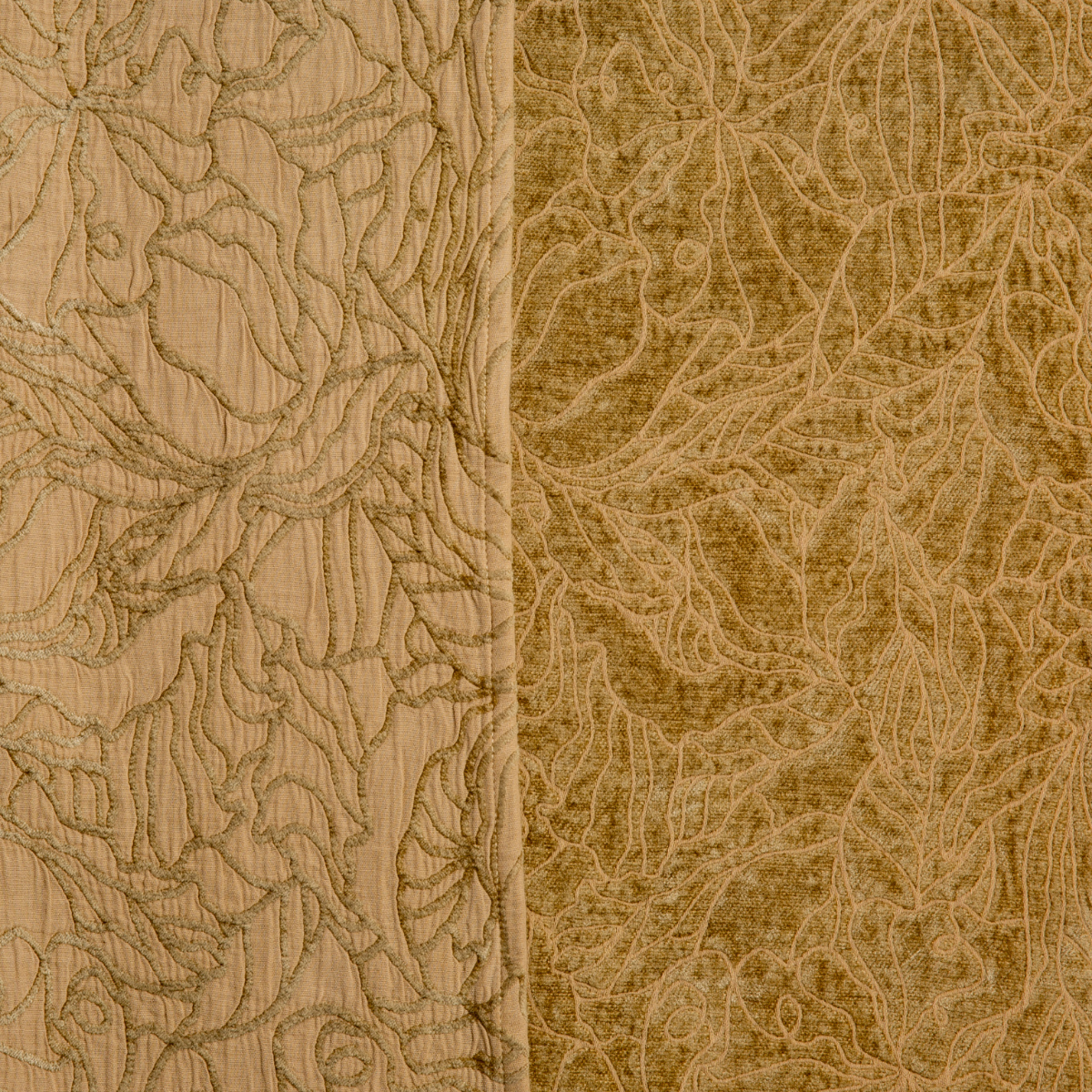 Honeycomb: georgia fabric shown with the cotton jacquard side on the left and chenille jacquard side on the right in honeycomb, a warm golden tone.