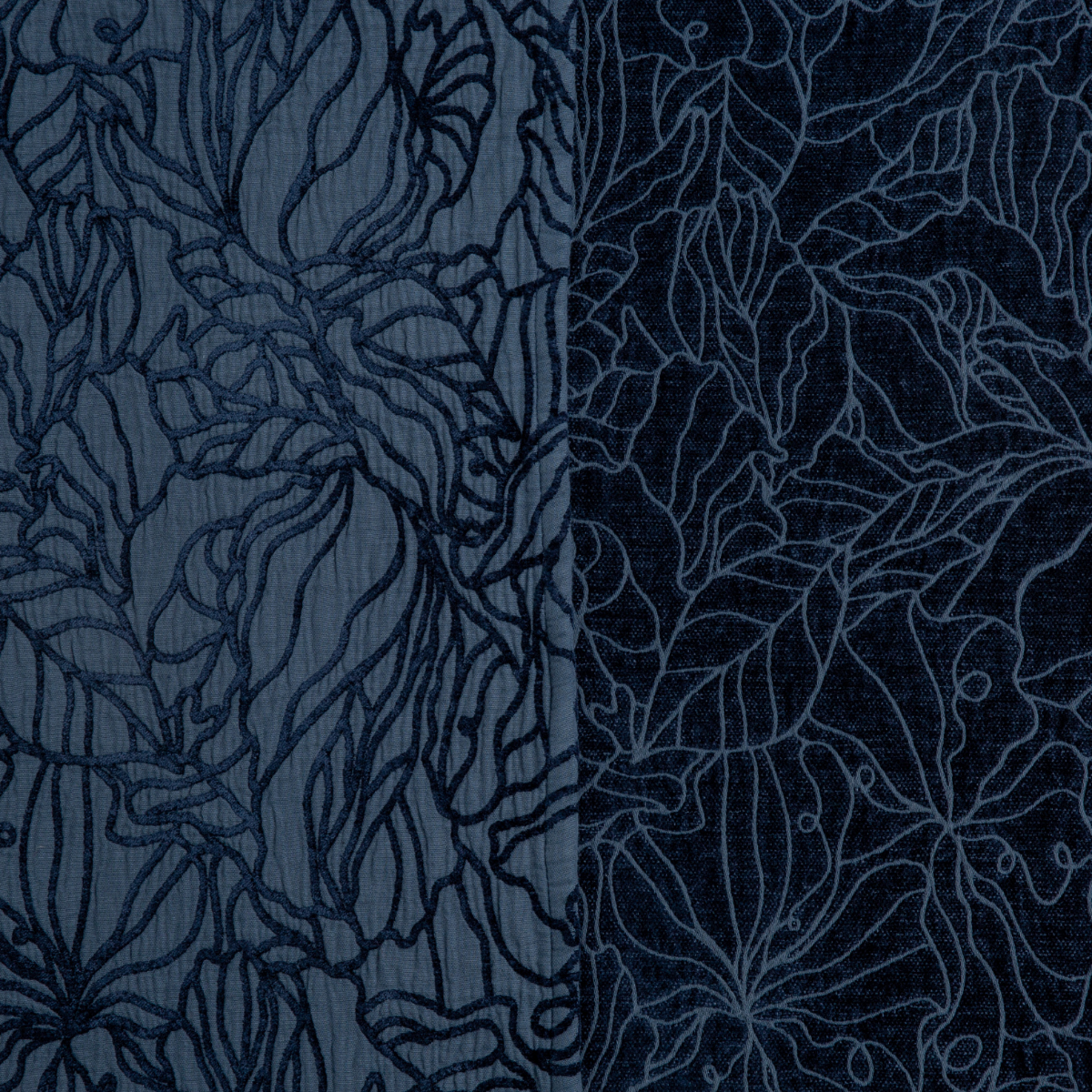 Midnight: georgia fabric shown with the cotton jacquard side on the left and chenille jacquard side on the right in midnight, a rich indigo tone