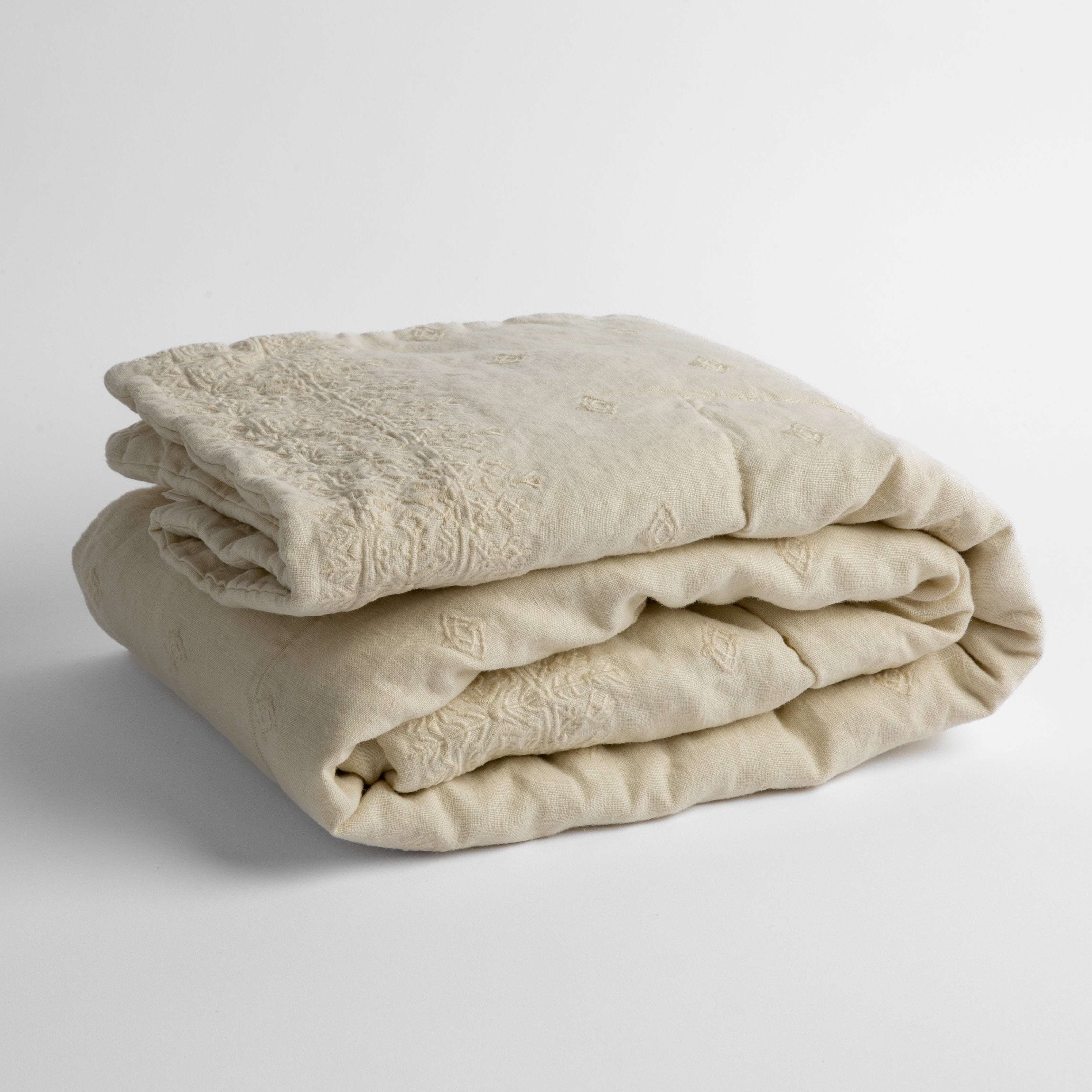 Parchment: embroidered linen baby blanket folded and shown overhead from a slight angle against a white background.