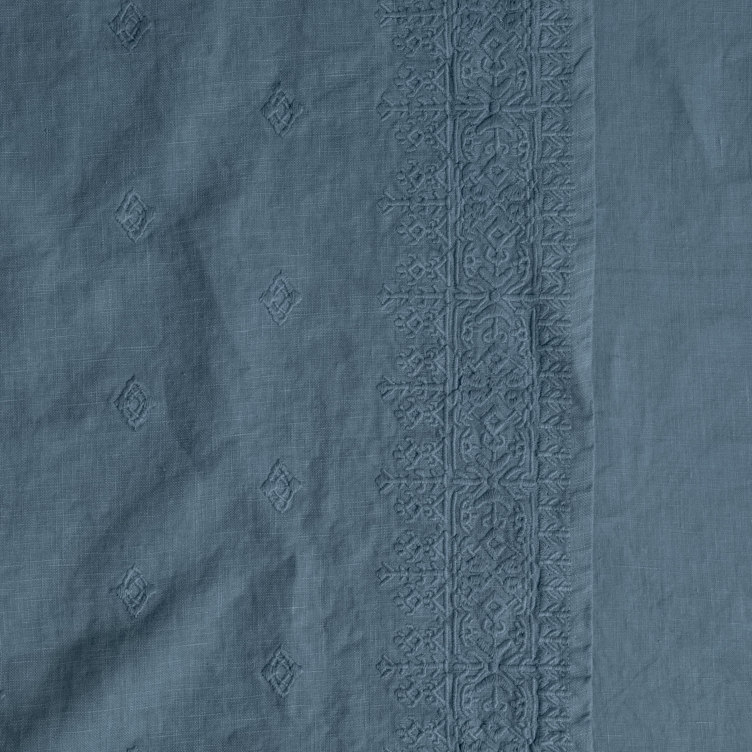 Tahoe Blue: a close-up of the embroidery on midweight linen.