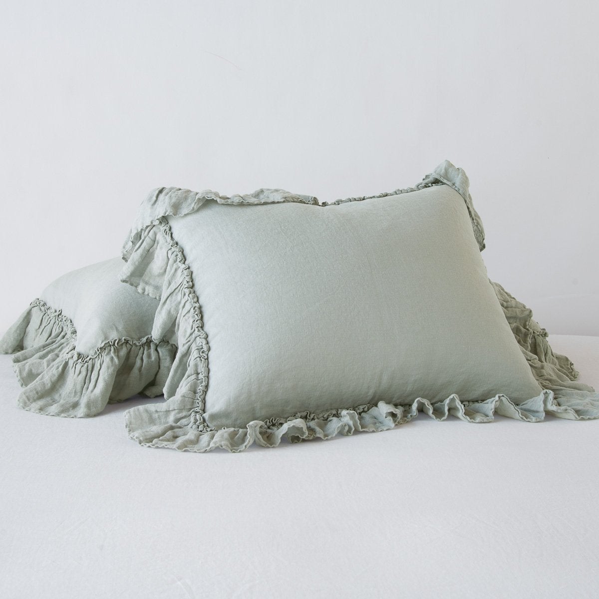 Eucalyptus: standard sham leaning against a king sham laying flat, on a plain background.