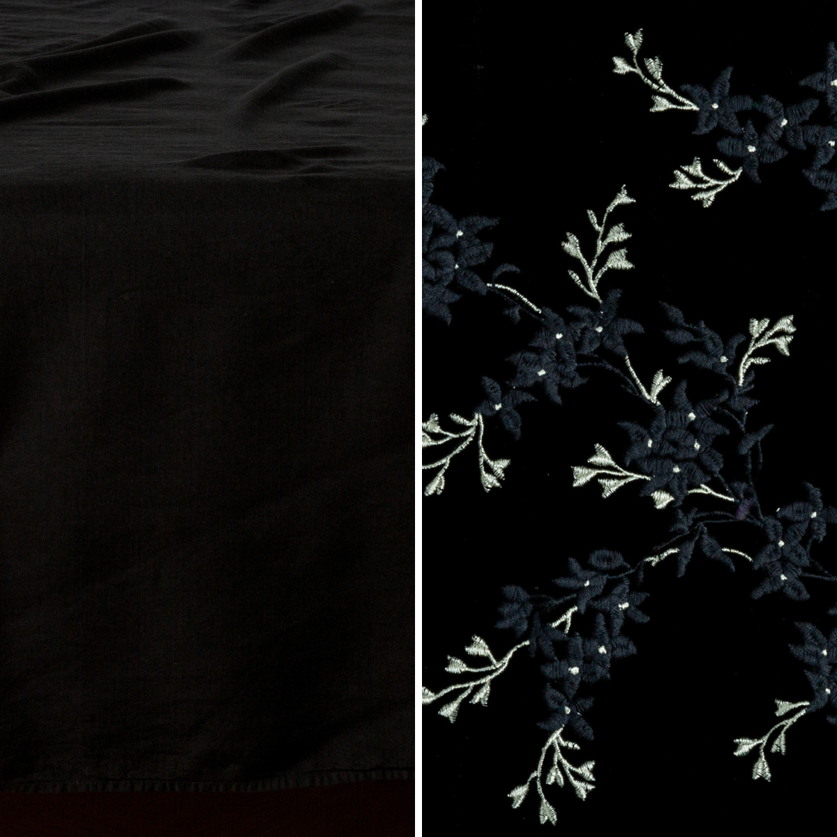 Corvino: an image of tencel and embroidered silk velvet side-by-side in corvino, a black tone.