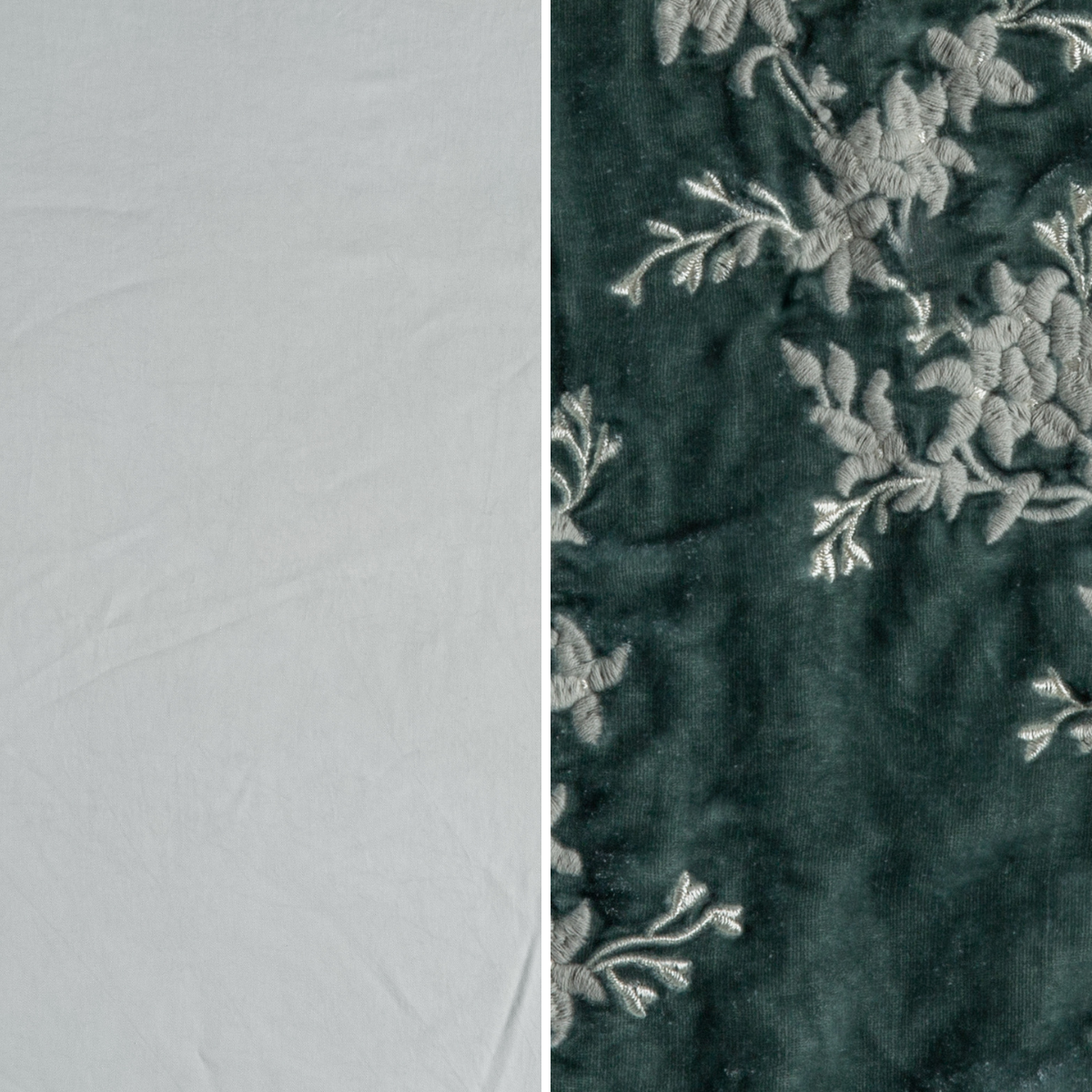 Eucalyptus: an image of tencel and embroidered silk velvet side-by-side in eucalyptus, a mid-tone green.