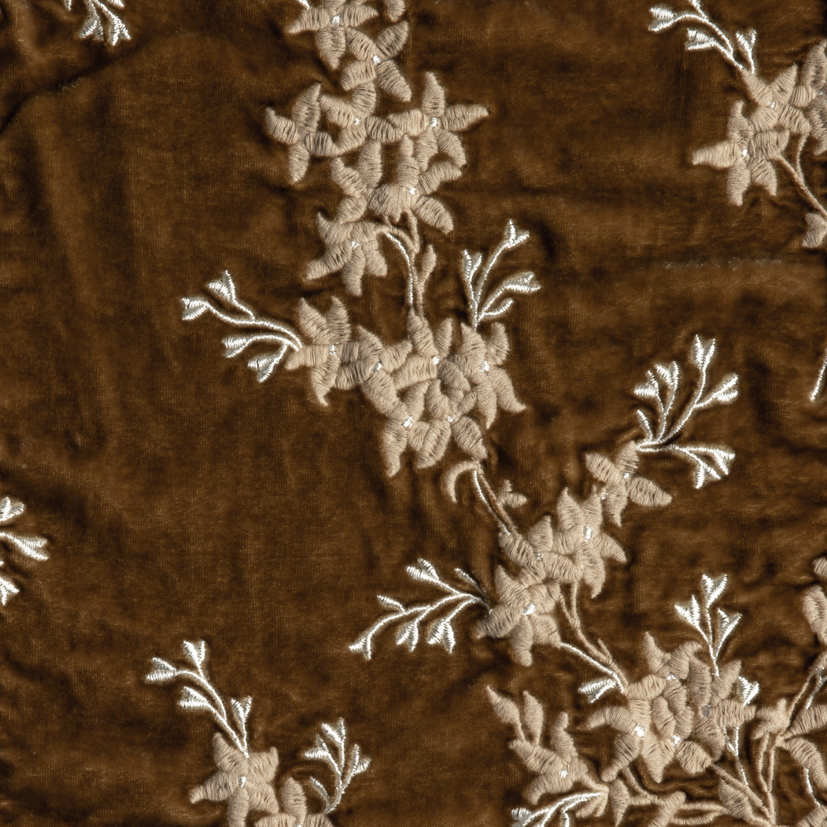 Honeycomb: A close up of embroidered silk velvet fabric in honeycomb, a warm golden tone.