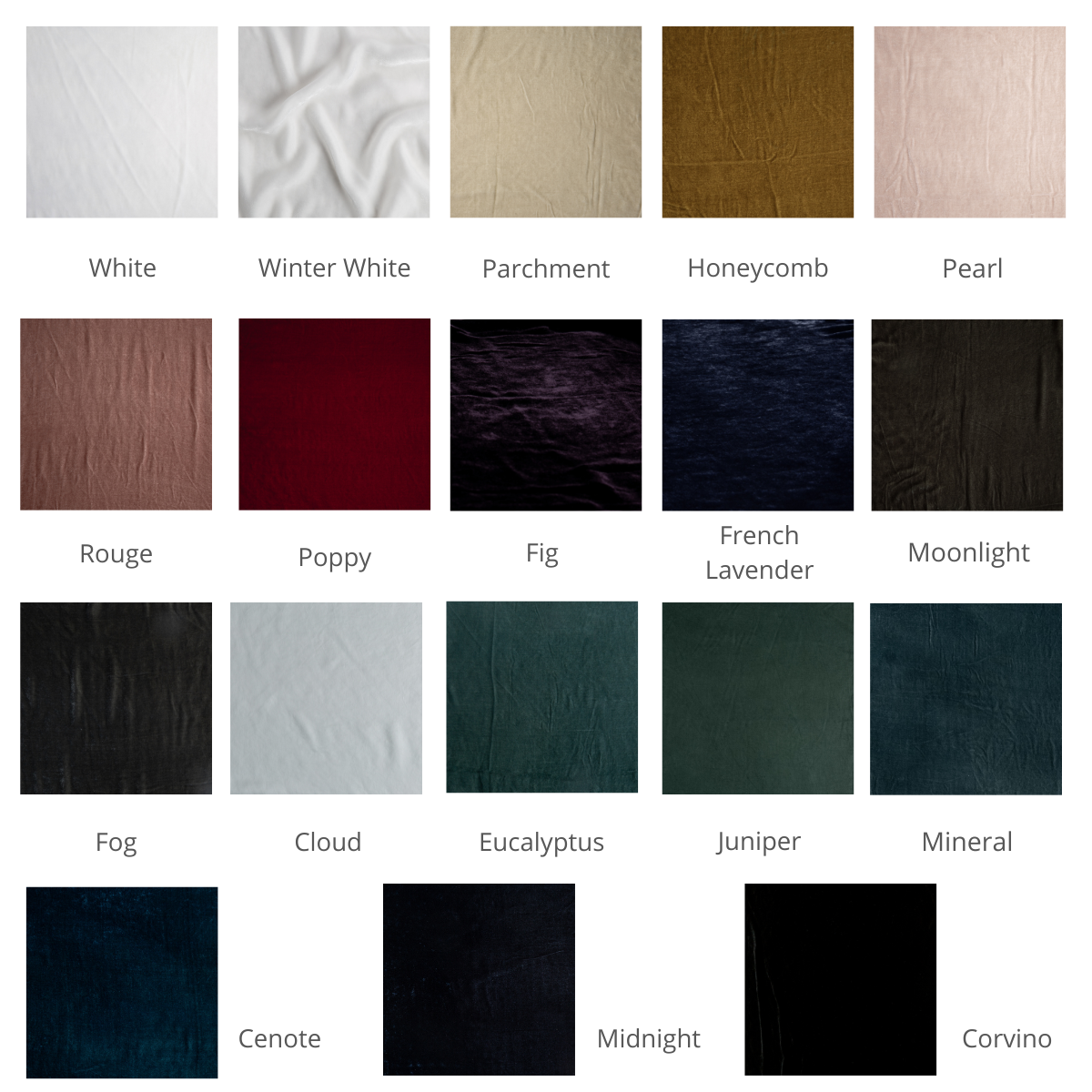 : a grid of silk velvet in available colorways.