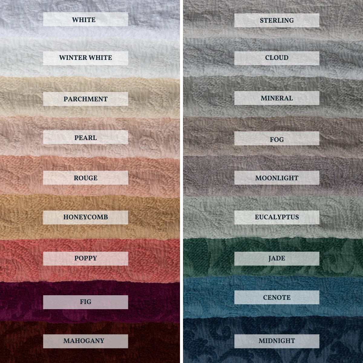 : A close up of Adele fabric, shown in each of our 18 colorways, stacked to demonstrate our palette.