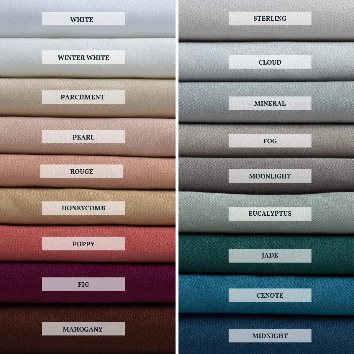 : A close up of cotton sateen fabric, shown in each of our 18 colorways, stacked to demonstrate our palette.