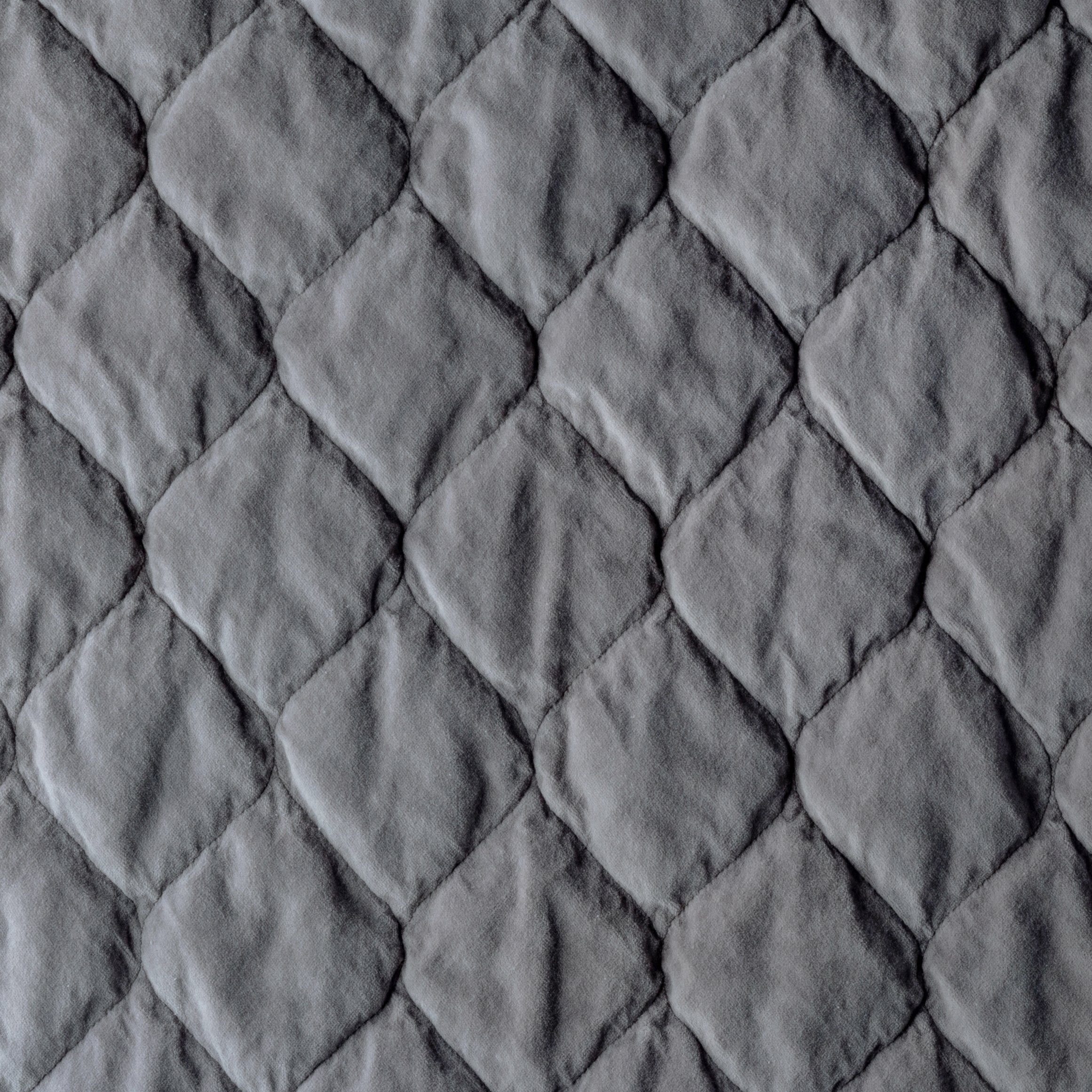 Moonlight: Close-up of Harlow cotton velvet quilting in moonlight, a saturated, cool, mid-dark grey tone.