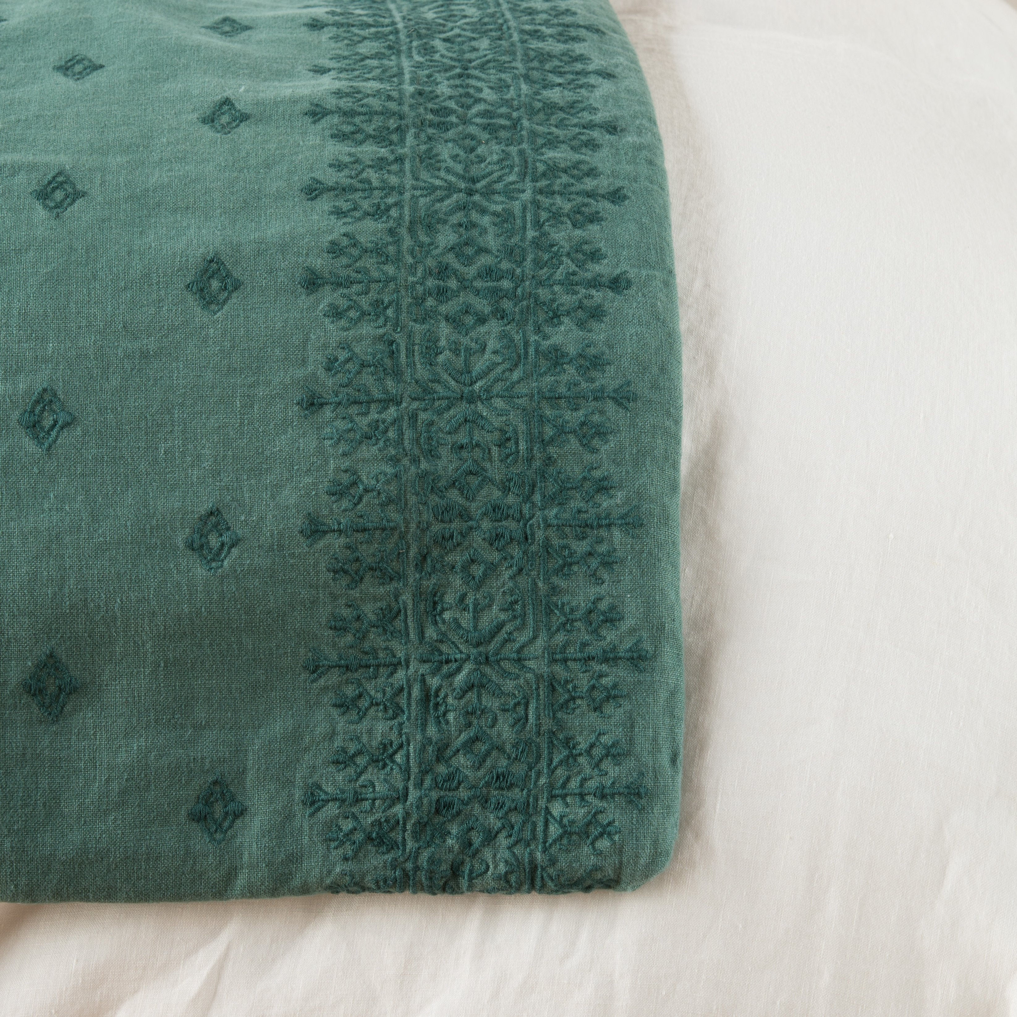 Jade: Close-up of corner against a white background, showcasing embroidery pattern detail - overhead view.