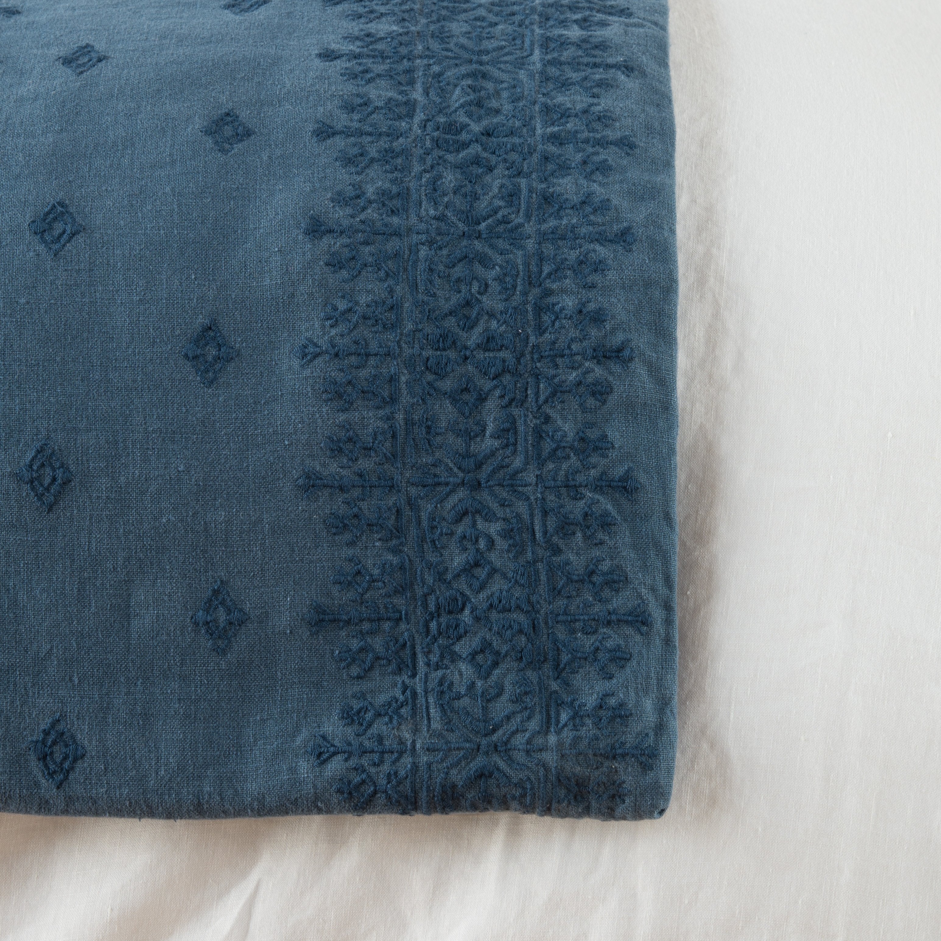 Midnight: Close-up of corner against a white background, showcasing embroidery pattern detail - overhead view.