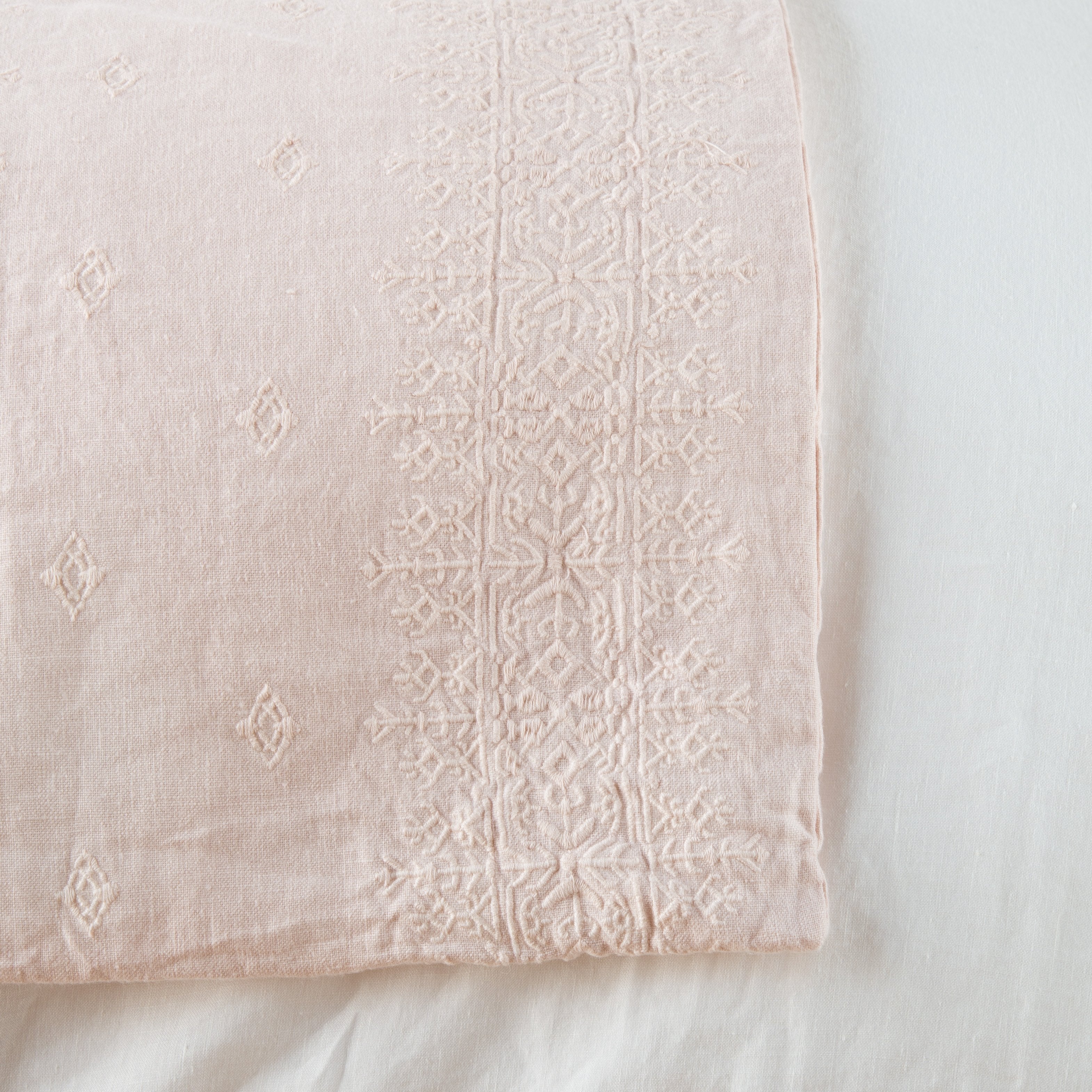 Pearl: Close-up of corner against a white background, showcasing embroidery pattern detail - overhead view.
