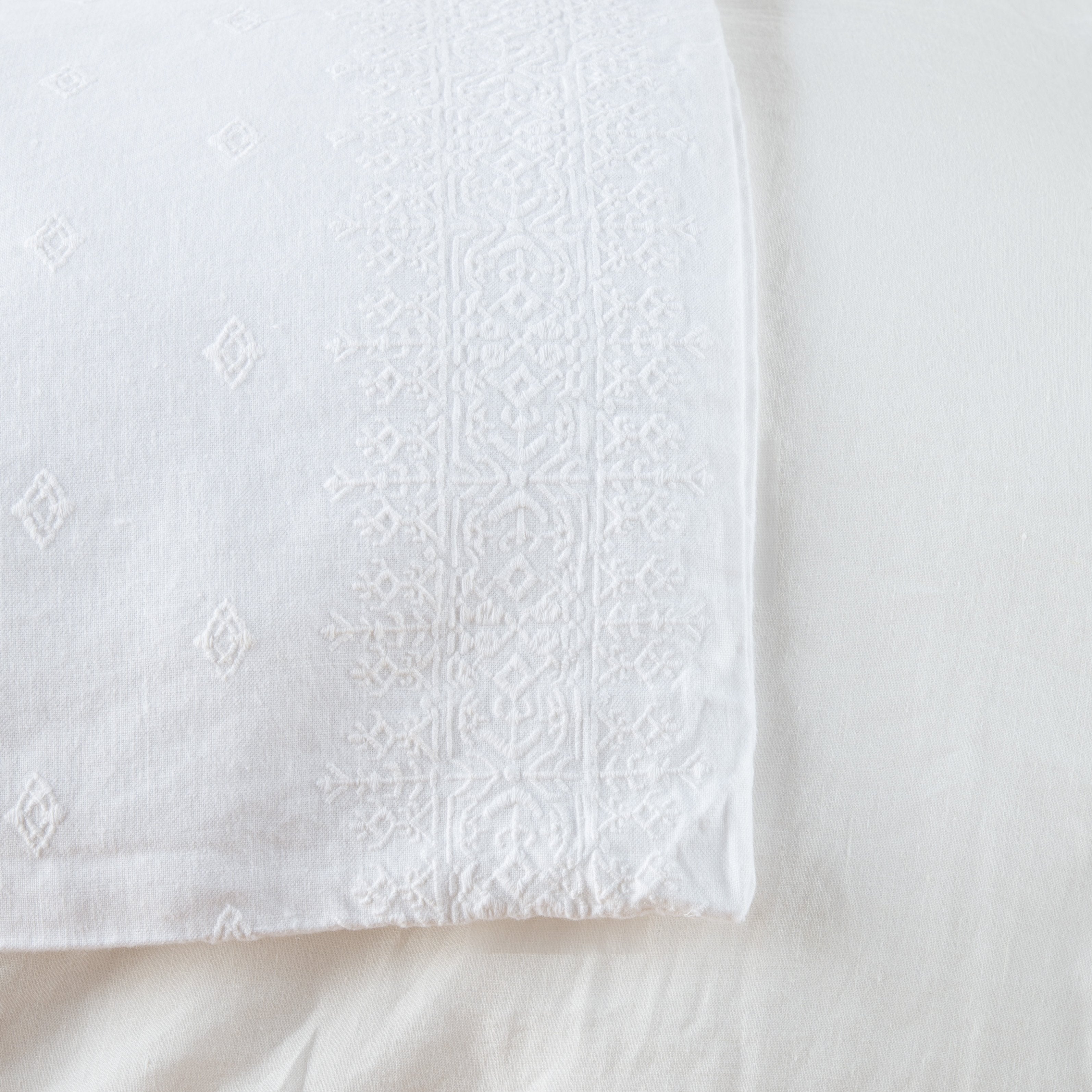 White: Close-up of corner against a white background, showcasing embroidery pattern detail - overhead view.