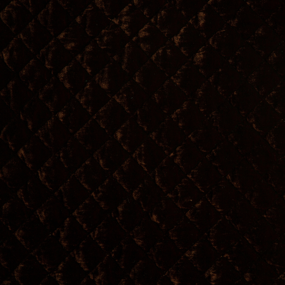 Mahogany: Close-up of quilted silk velvetin mahogany, a deep, earthen, reddish brown.