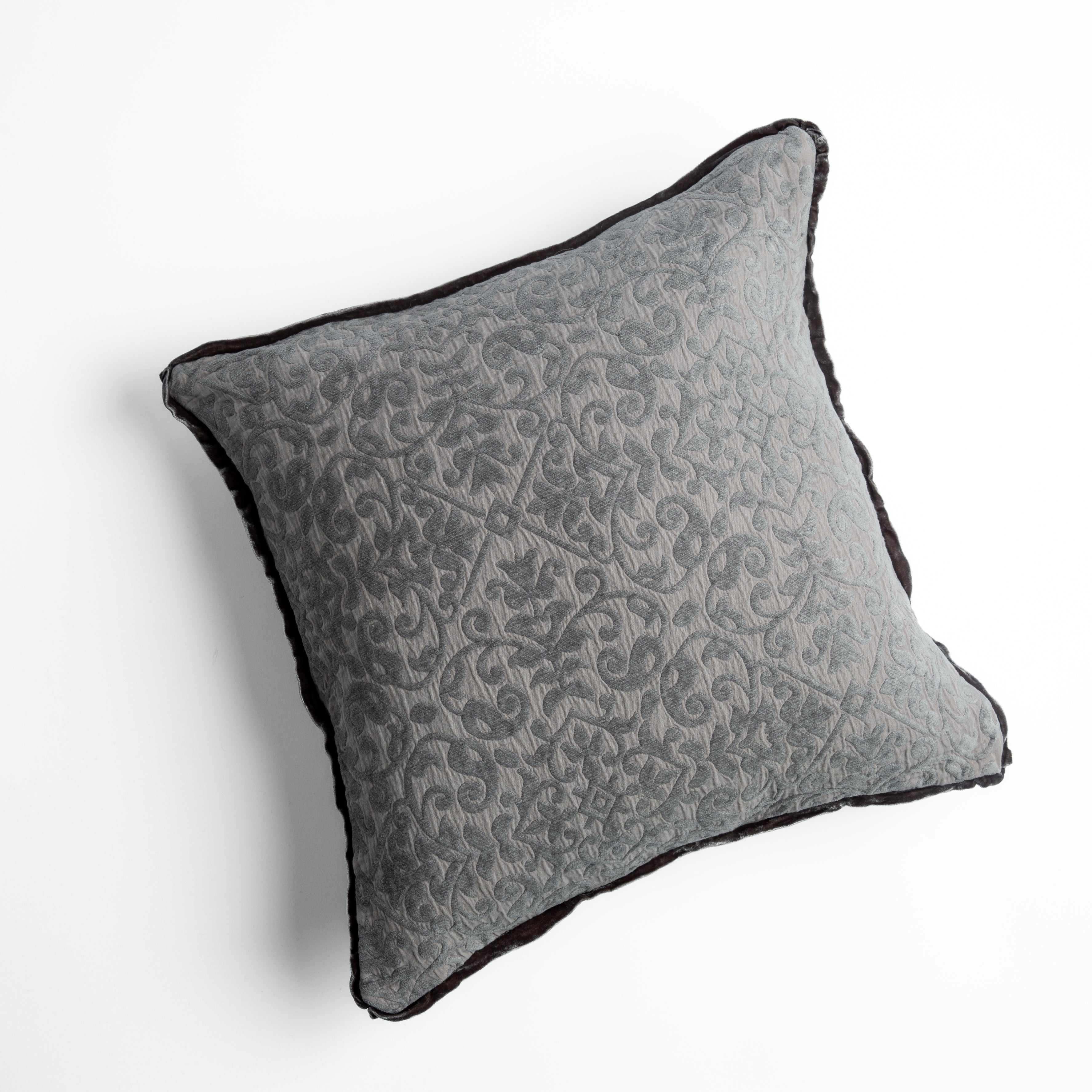 Moonlight: cotton chenille jacquard 18x18 pillow shown from overhead to display the pillow's face and silk velvet trim — overhead against a white background.