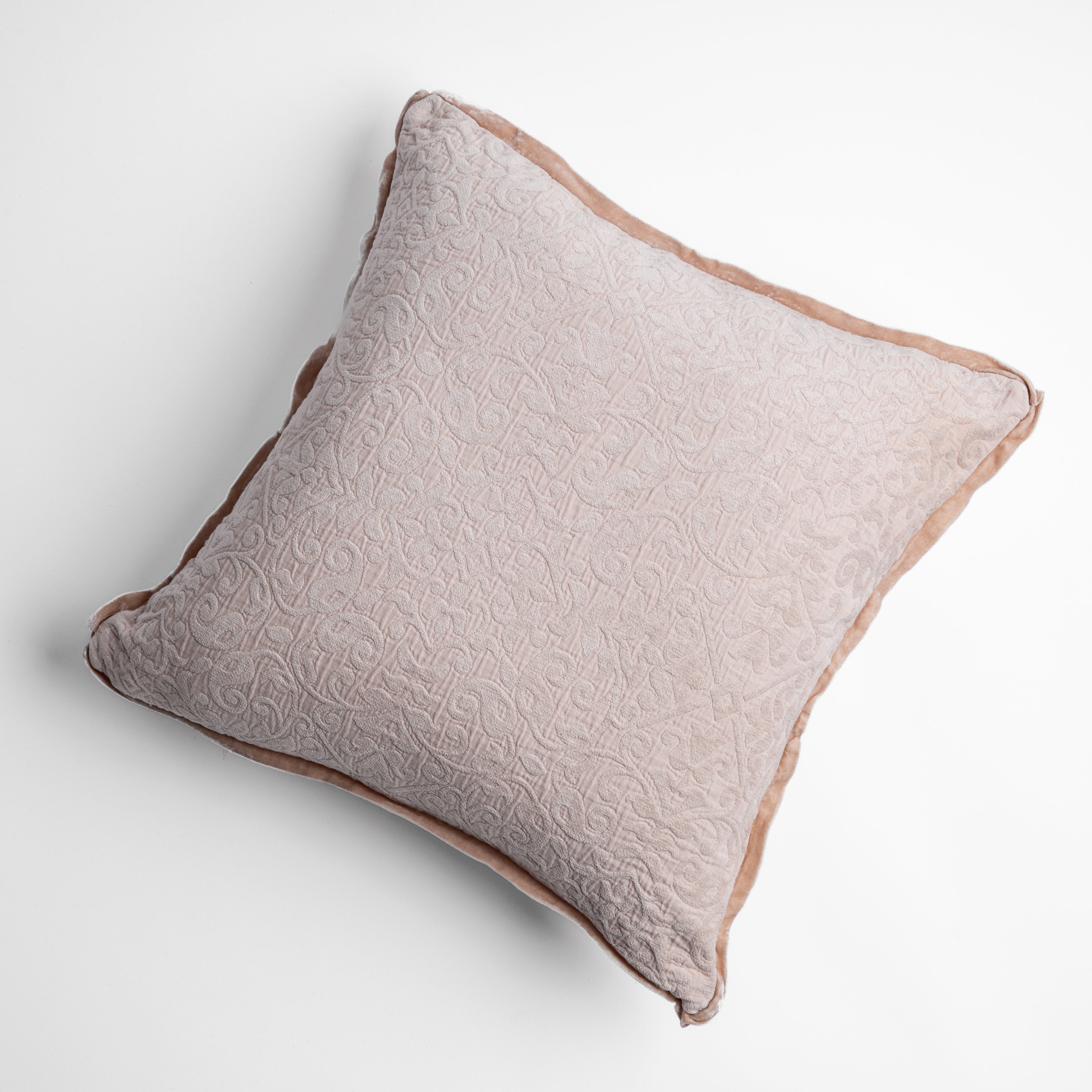 Pearl: cotton chenille jacquard 18x18 pillow shown from overhead to display the pillow's face and silk velvet trim — overhead against a white background.