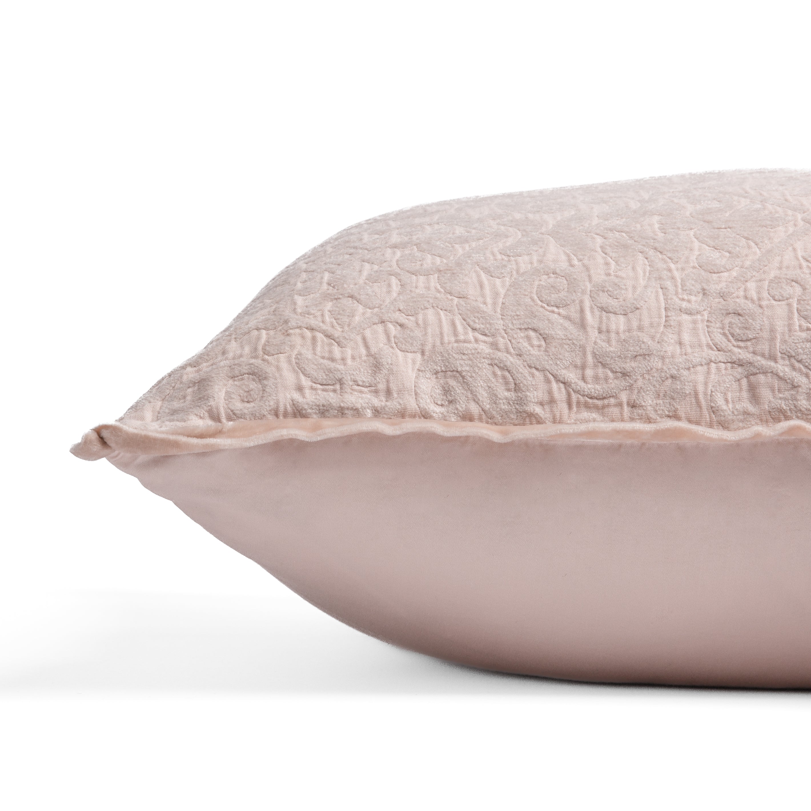 Pearl: side view of 18x18 pillow shows cotton sateen back and silk velvet trim detail — close up against a white background.