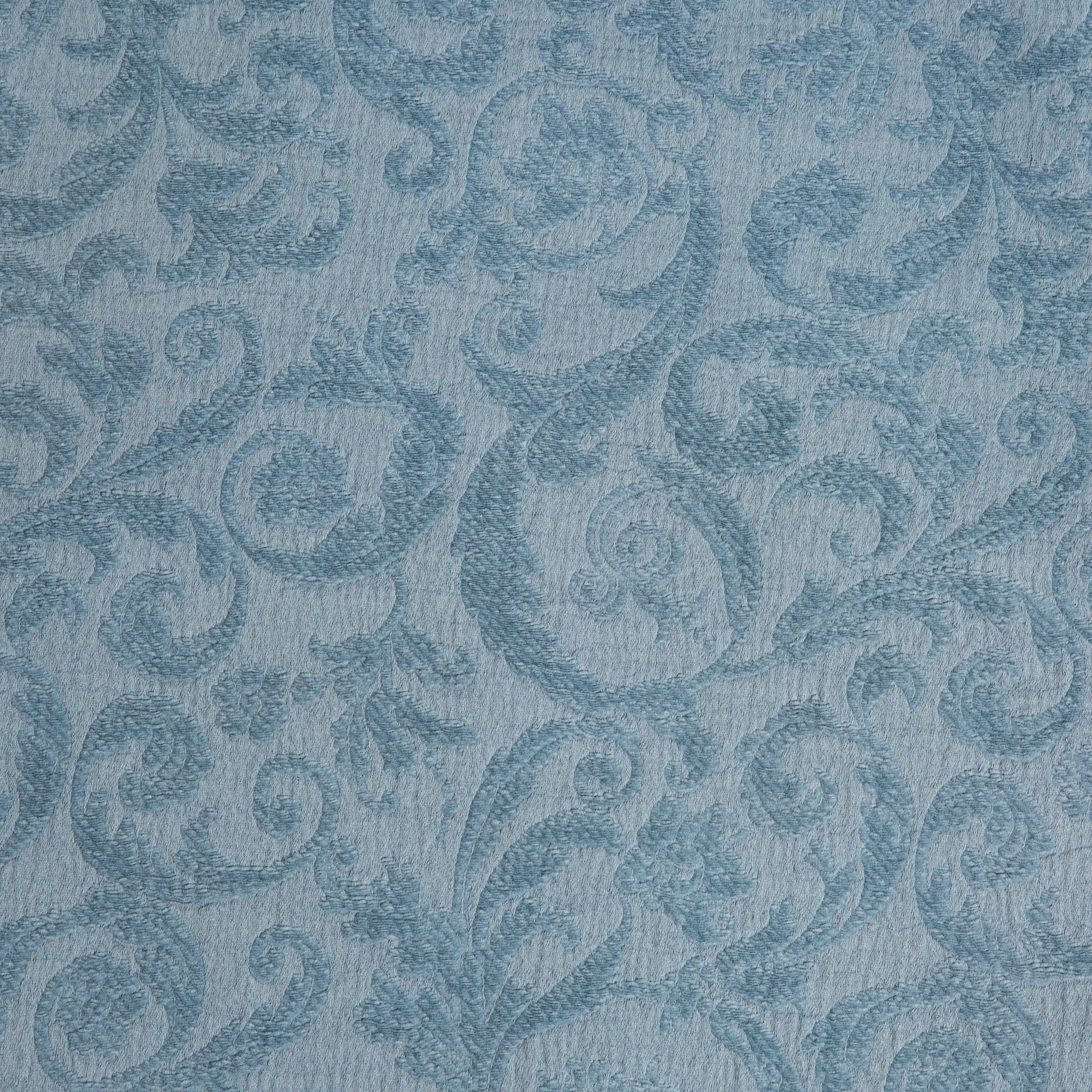 Tahoe Blue: A close up of qorganic cotton damask fabric in tahoe blue, a true blue - like a clear sky.