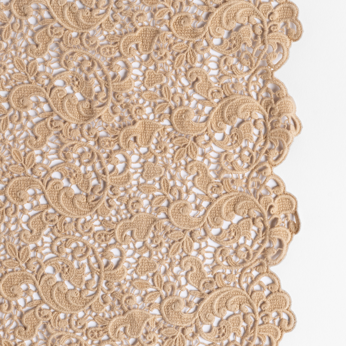 Honeycomb: a close up of cotton all-over lace with a scalloped edge.