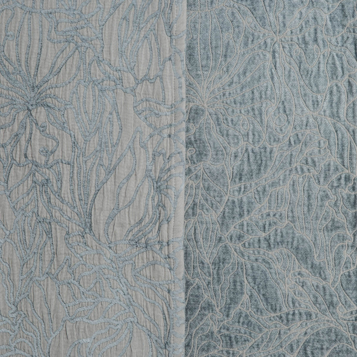 Mineral: georgia fabric shown with the cotton jacquard side on the left and chenille jacquard side on the right in mineral, a soothing seafoam blue with subtle grey-green undertones.