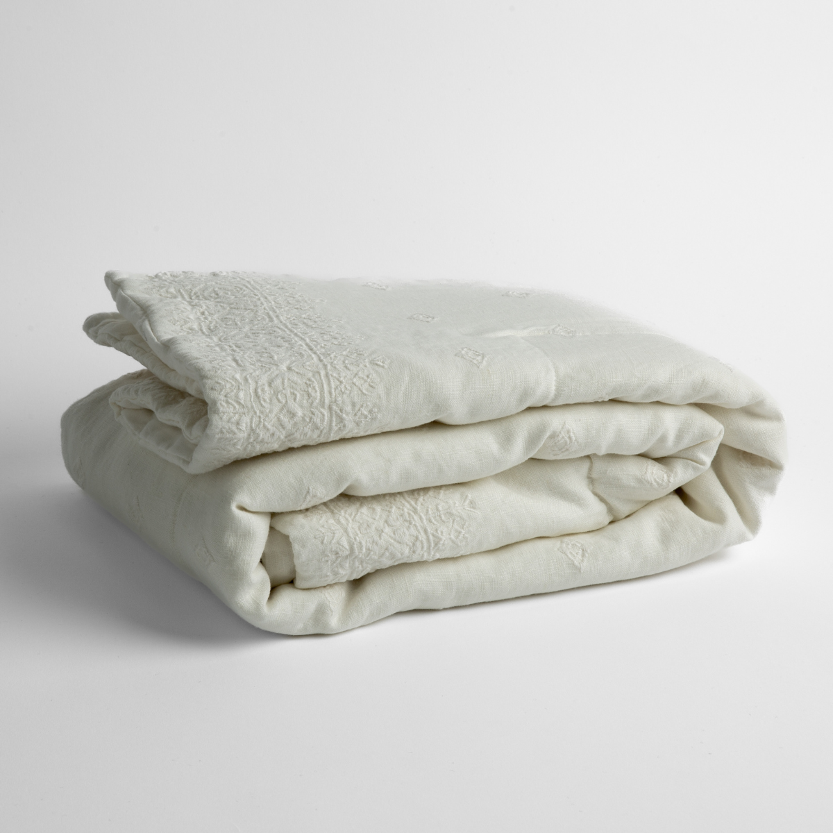 Winter White:   embroidered linen baby blanket folded and shown  overhead from a slight angle against a white background. 