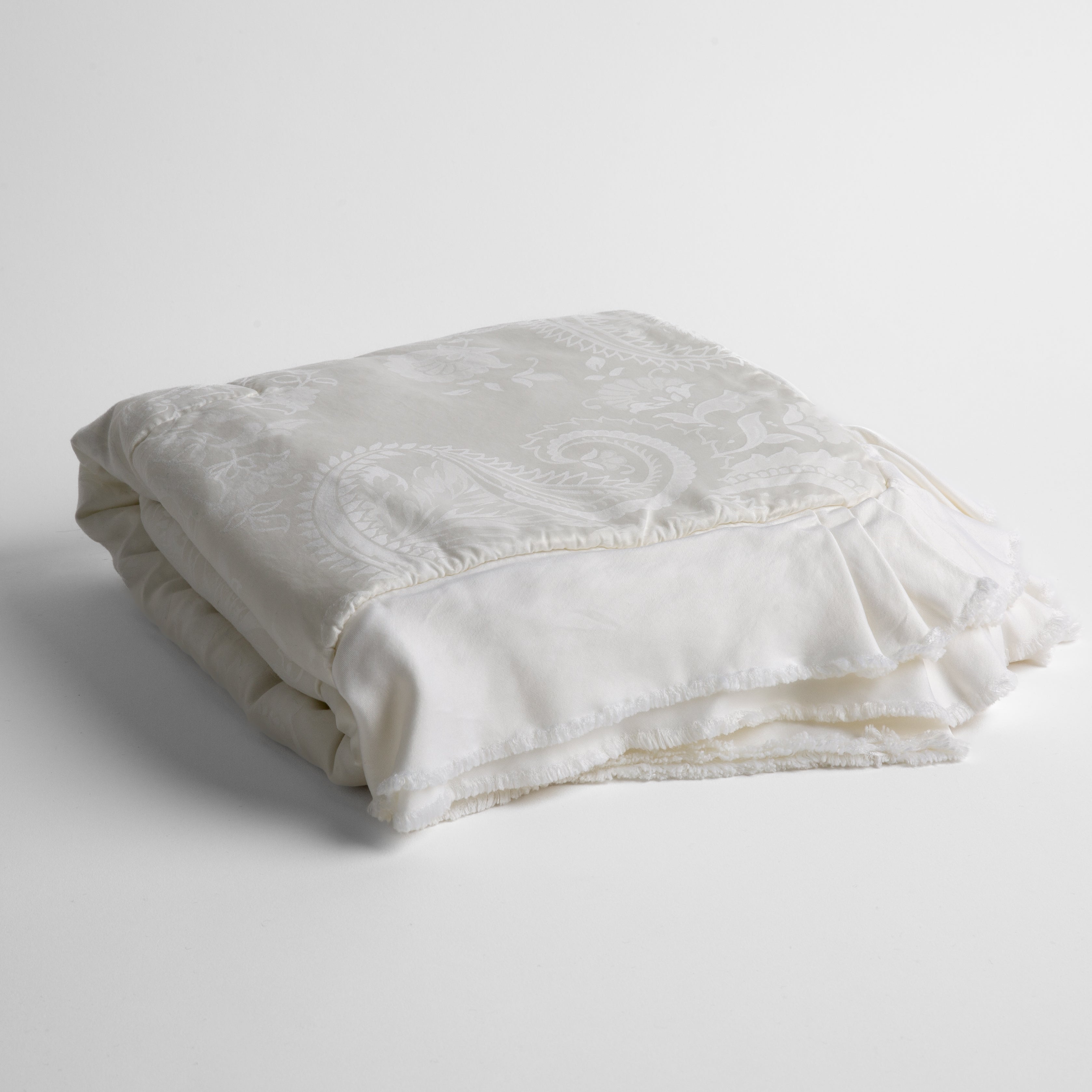 White: a silk and tencel™ jacquard baby blanket folded and shot against a white background with the ruffled trim situated to be visible