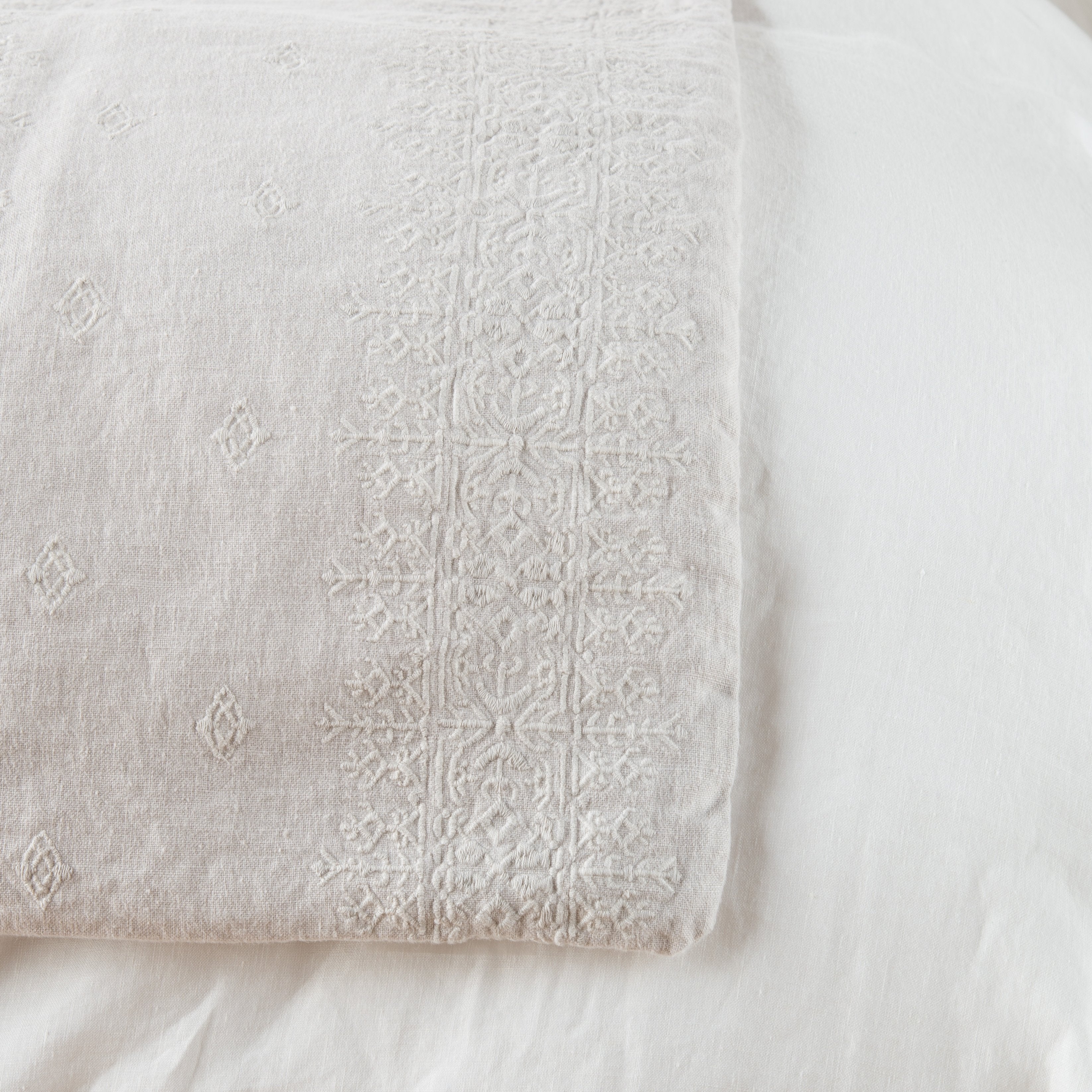 Sterling: Close-up of corner against a white background, showcasing embroidery pattern detail - overhead view.