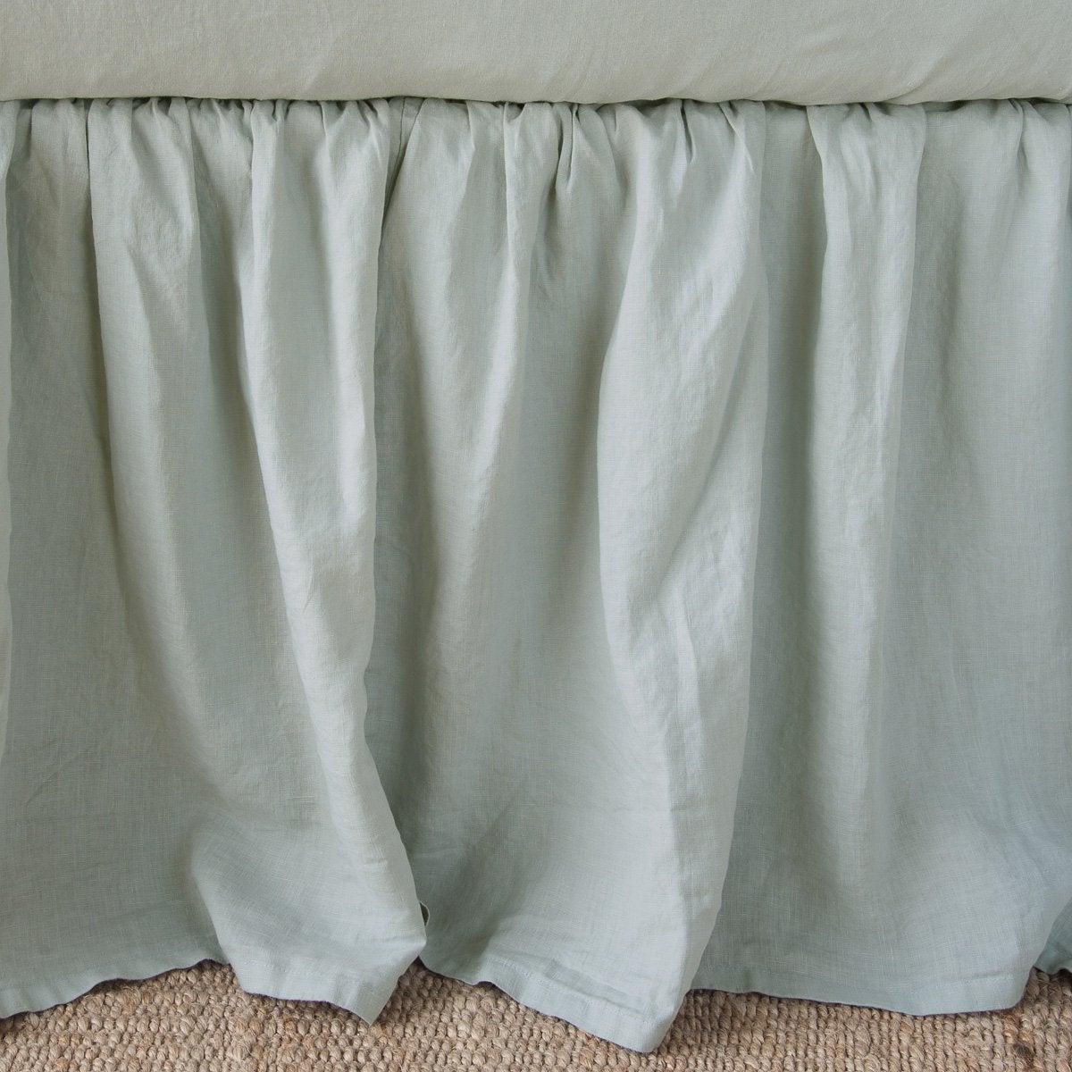 Eucalyptus: Close-up of bed skirt, featuring its softly gathered design.