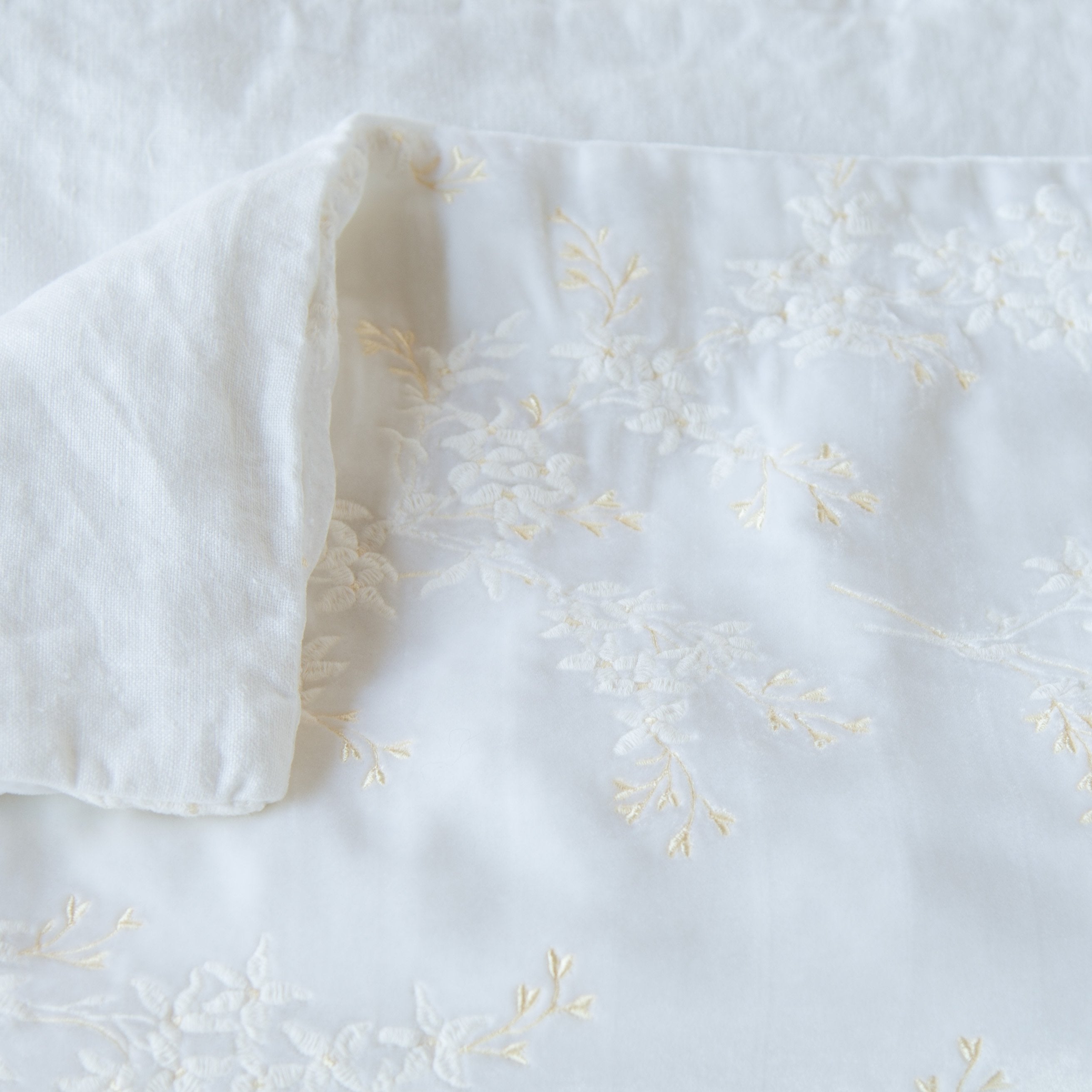 White: Close up of blanket, with a corner turned back to showcase the linen back - overhead view.