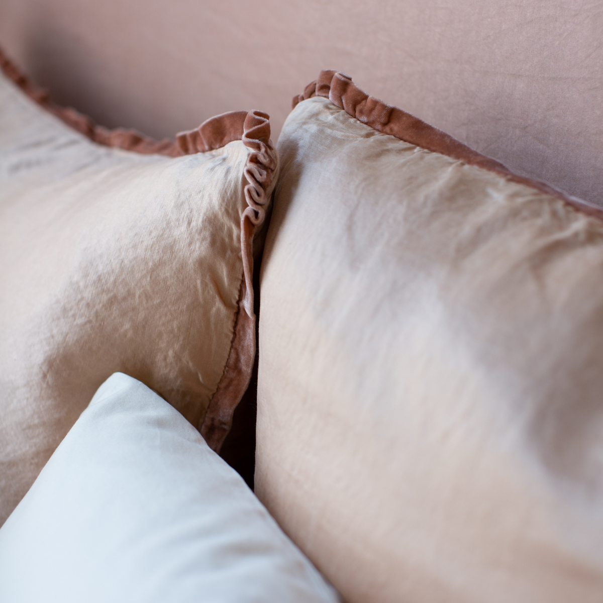 [allvariants]: Close-up of Paloma shams in pearl, highlighting rich silk velvet trim on smooth silk charmeuse.