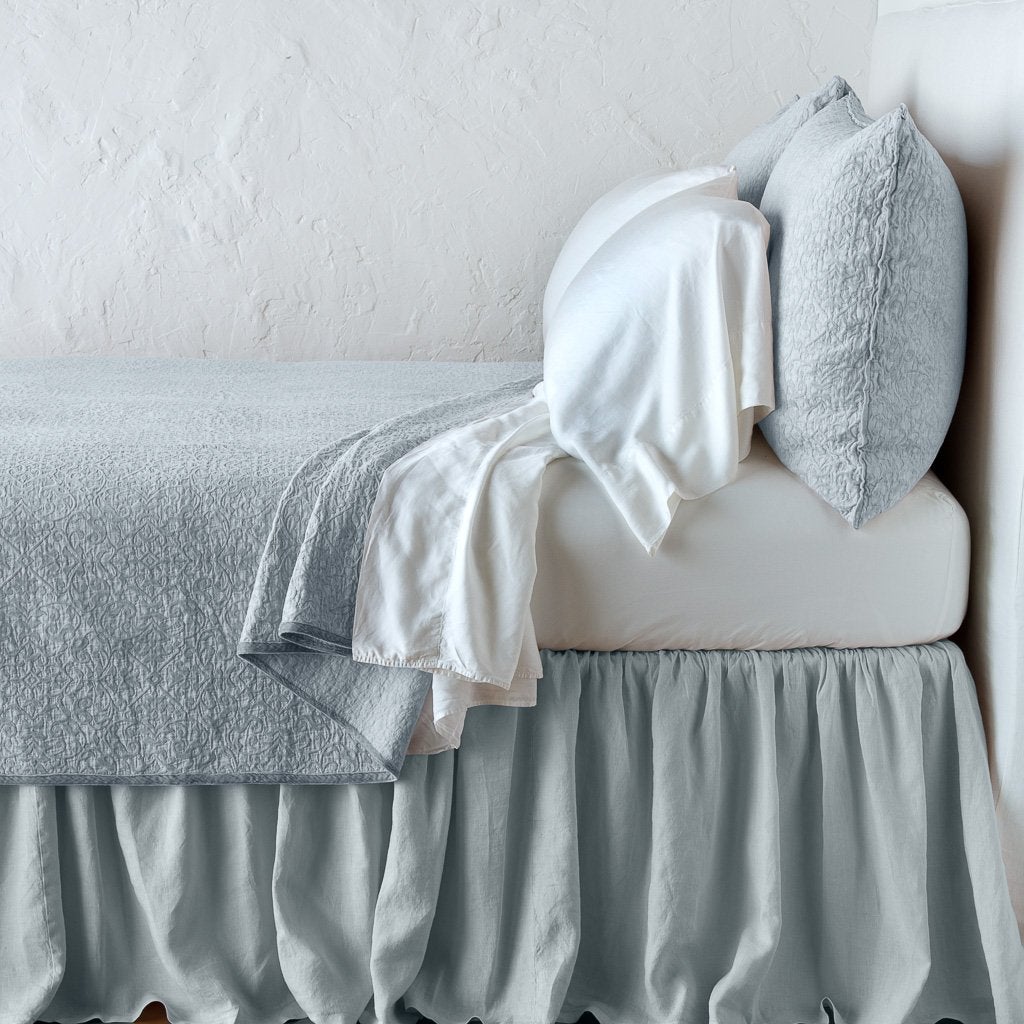 [allvariants]: Vienna coverlet and matching sham over white sheeting - cloud, side view.
