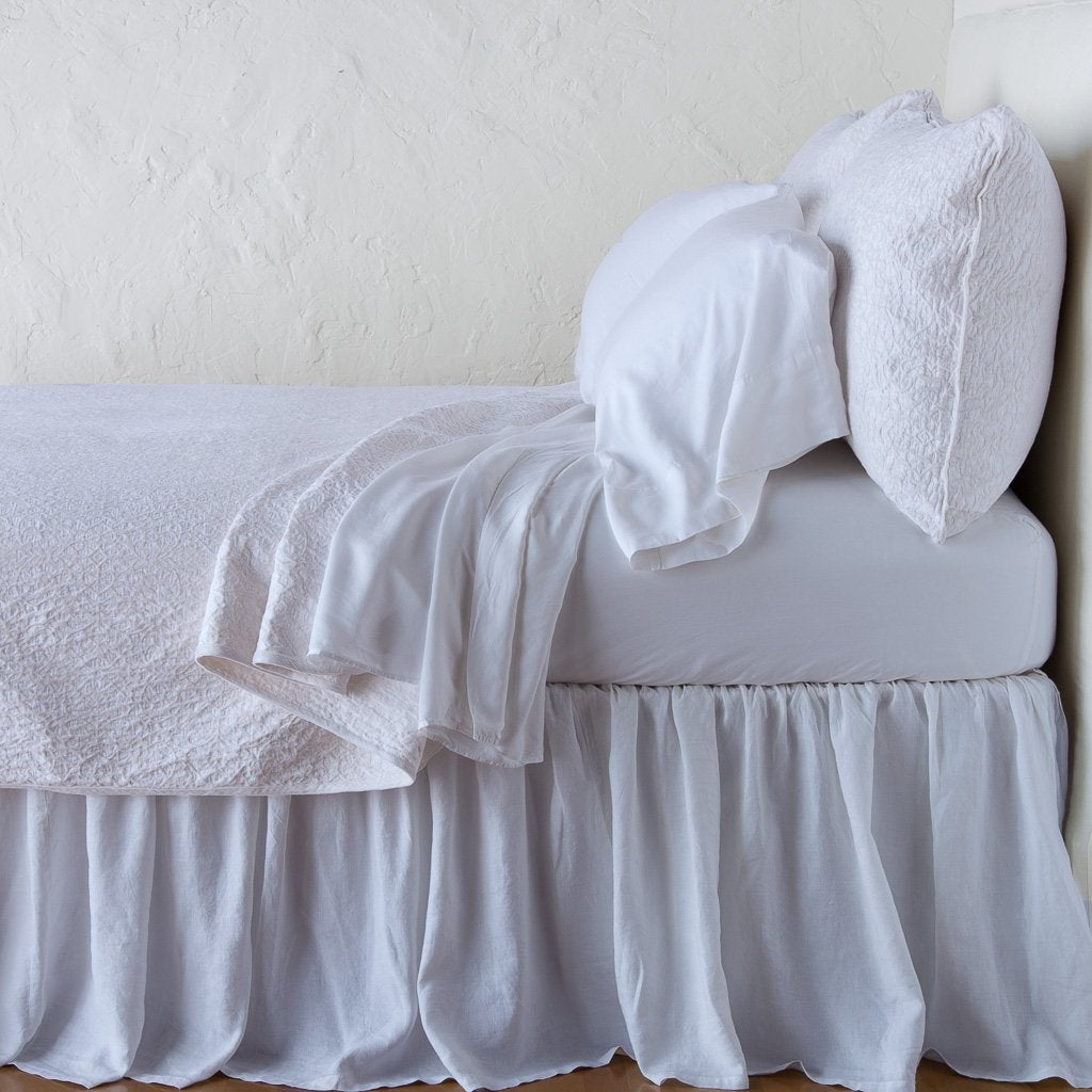 White: Cotton chenille jacquard coverlet and matching sham over white sheeting - side view.